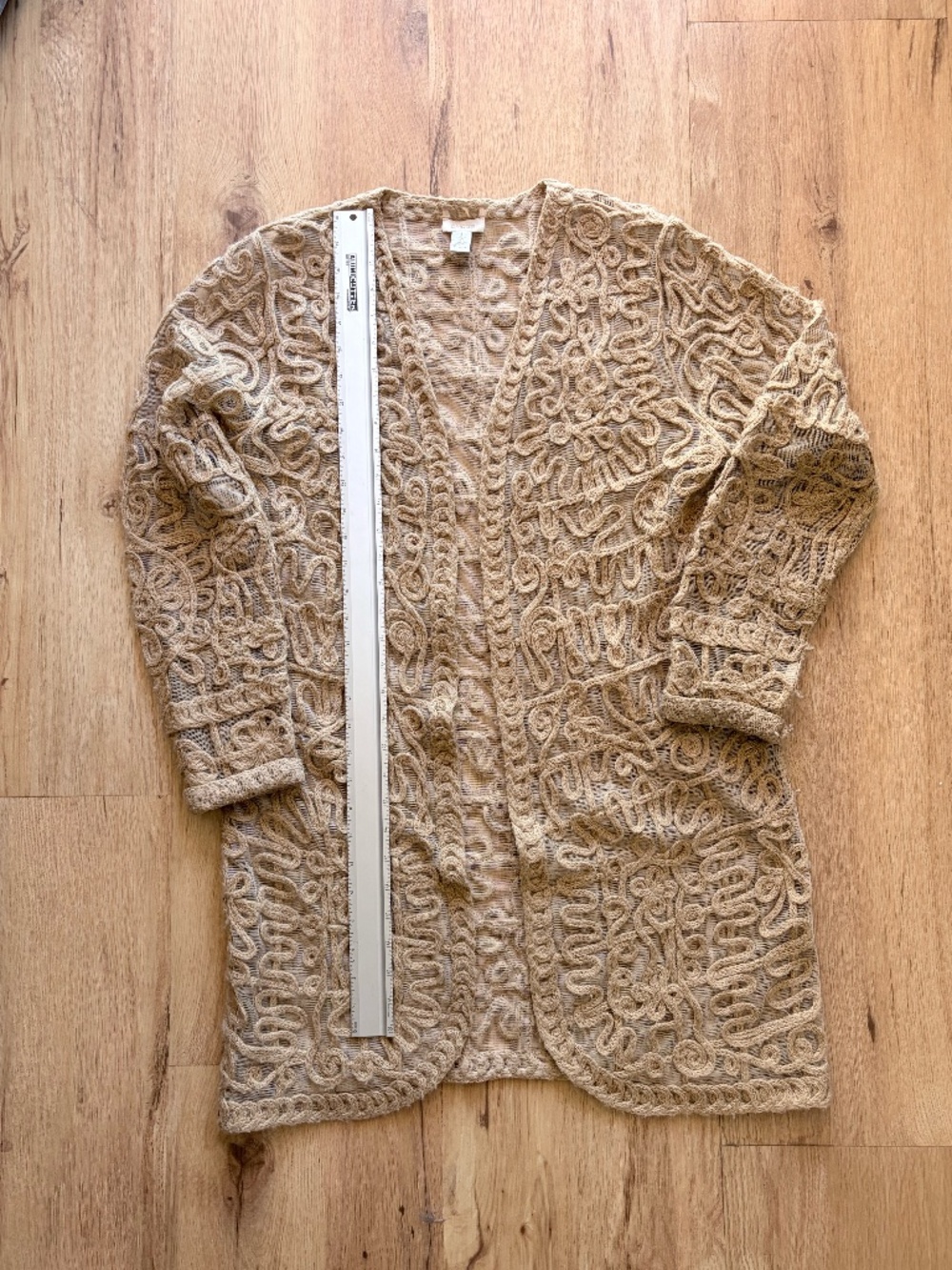 CHICO’S Tan Mesh & Soutache Open Front Duster Cardigan